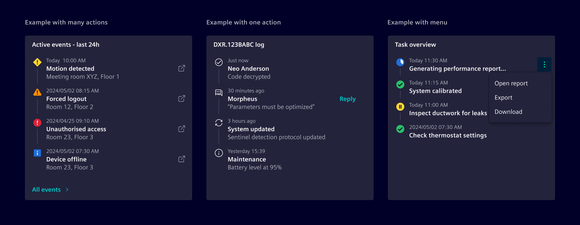 Timeline dashboard widget actions