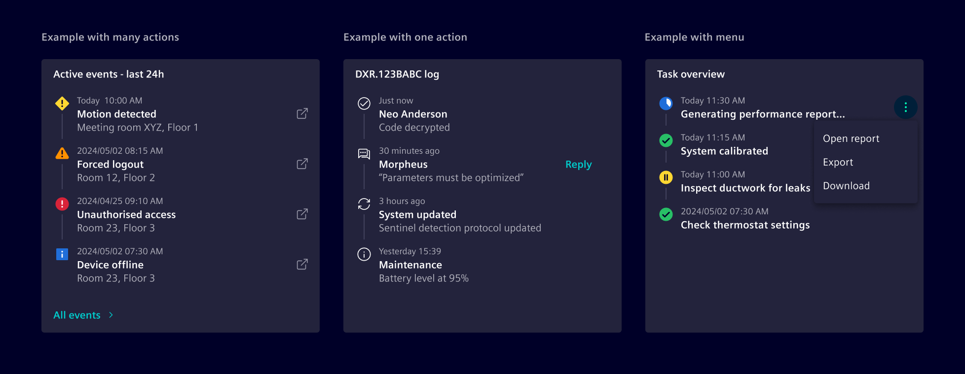 Timeline dashboard widget actions
