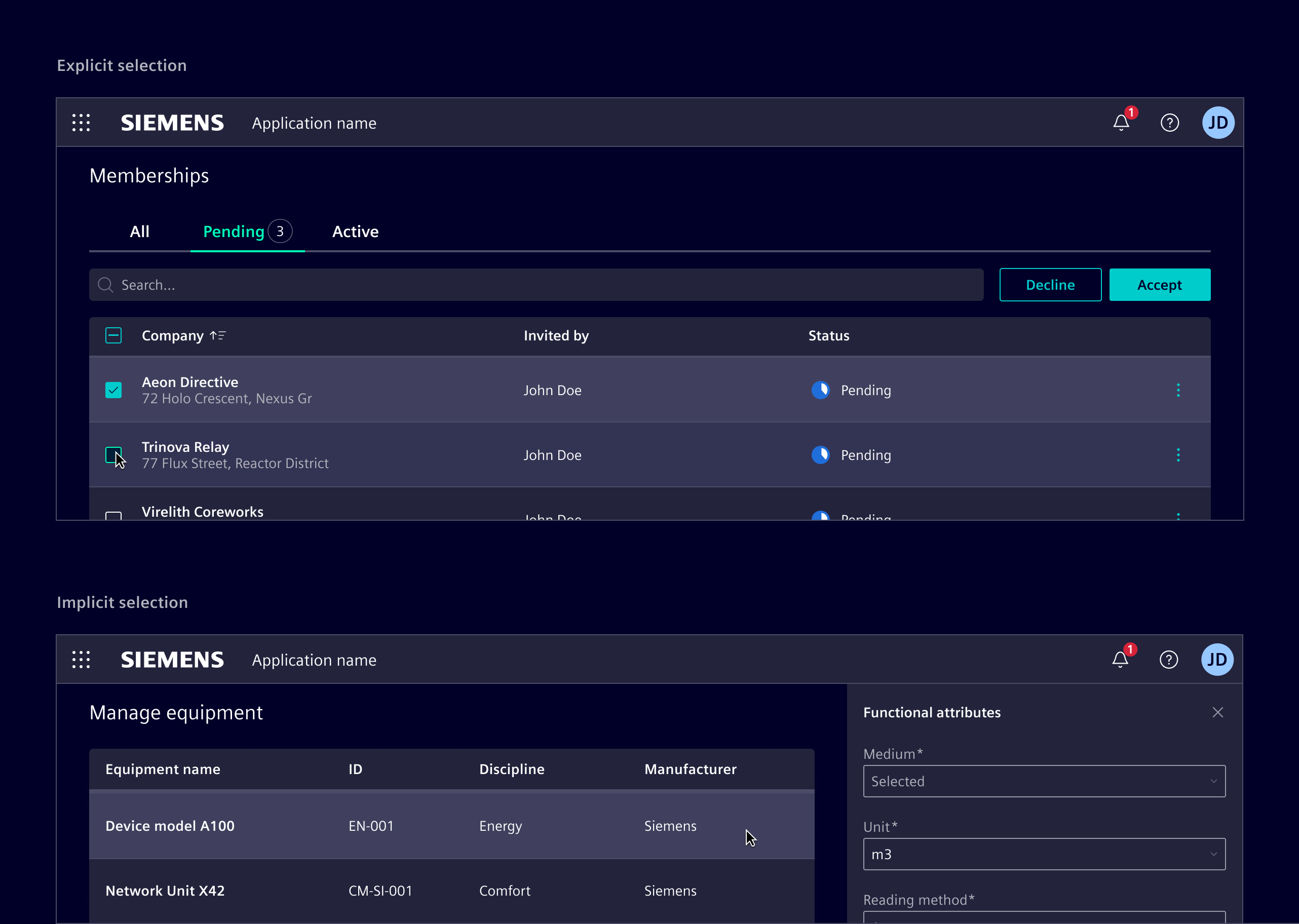 Selectable table