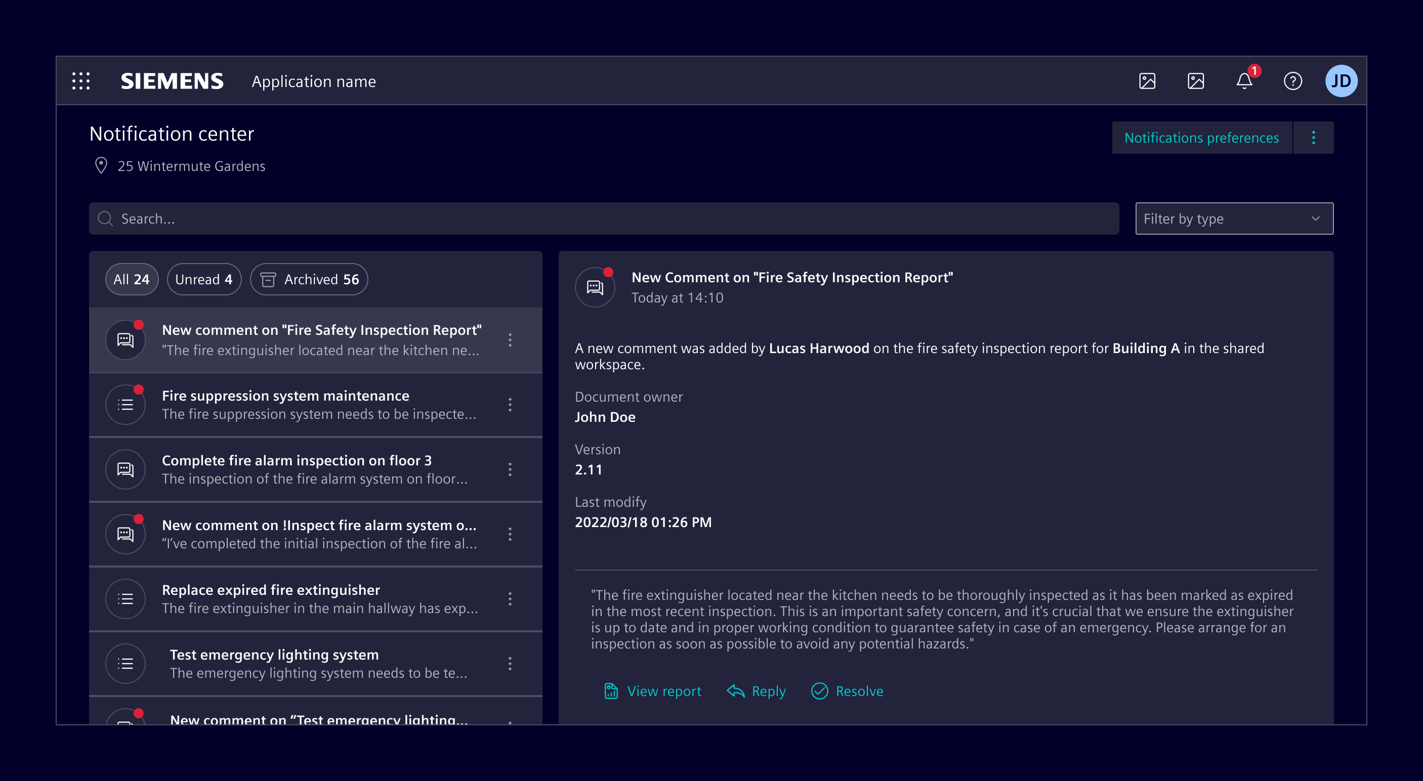 Notifications center