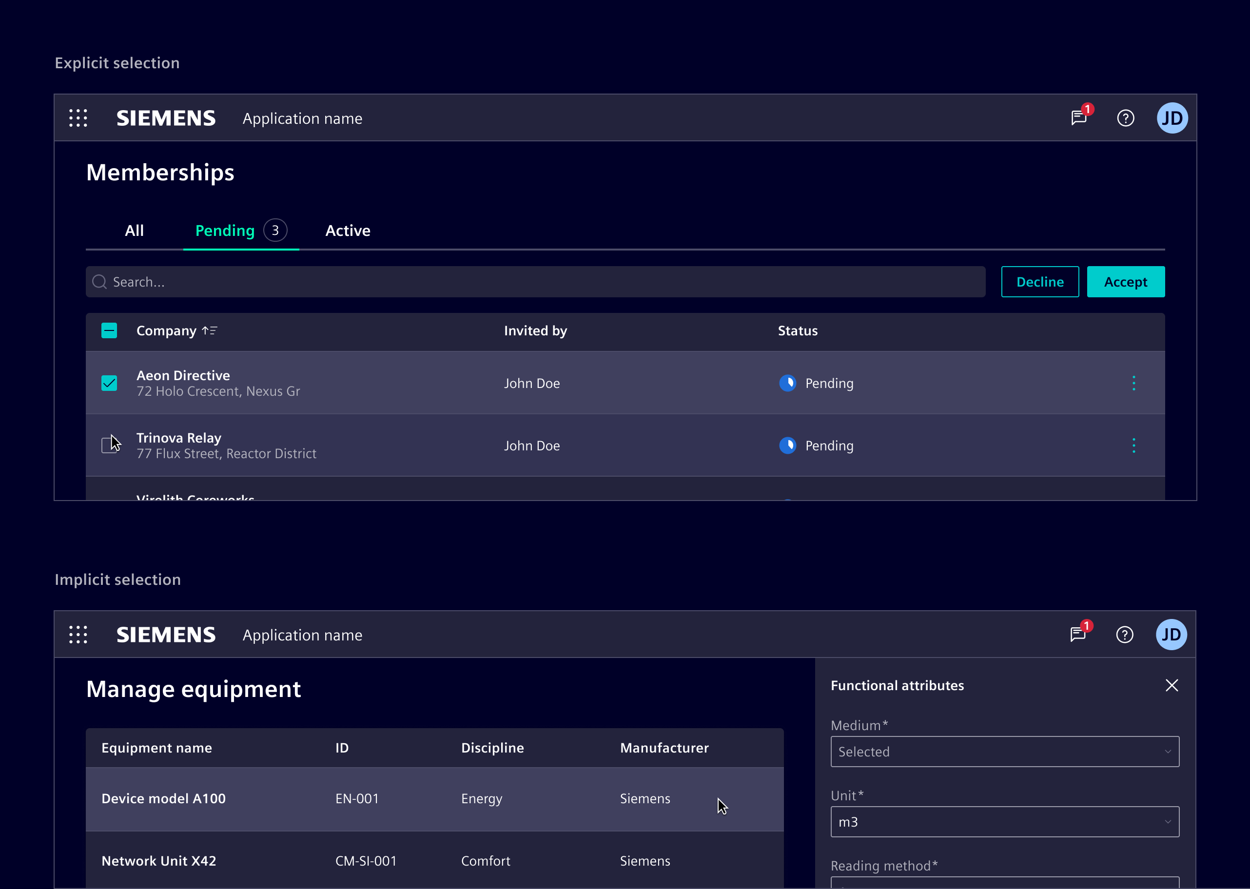 Selectable table